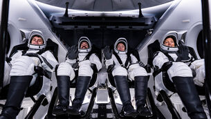 Members of Nasa’s SpaceX mission from left to right, Roscosmos cosmonaut Andrei Fedyaev, Nasa astronauts Jack Hathaway and Jessica Meir, and European Space Agency French astronaut Sophie Adenot as they complete a full rehearsal of launch day activities at Cape Canaveral (SpaceX via AP)