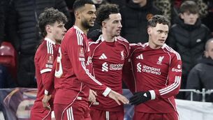 <p>Curtis Jones, second right, opened the scoring in Liverpool’s FA Cup win over Brighton. Pic: Peter Byrne/PA</p>