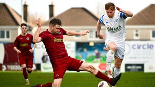 <p>Darragh Rainsford of Limerick District League in action against Nathan Ward of Galway District League at Eamon Deacy Park in Galway. Pic: Shauna Clinton/Sportsfile</p>