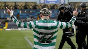 <p>Celtic's Julian Araujo celebrates scoring the winner. Pic: Euan Cherry/PA Wire.</p>