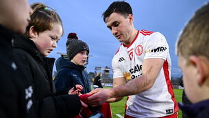 <p>Darragh Canavan of Tyrone with supporters after the Allianz Football League Division 2 match between Tyrone and Cavan. Pic: Ben McShane/Sportsfile</p>