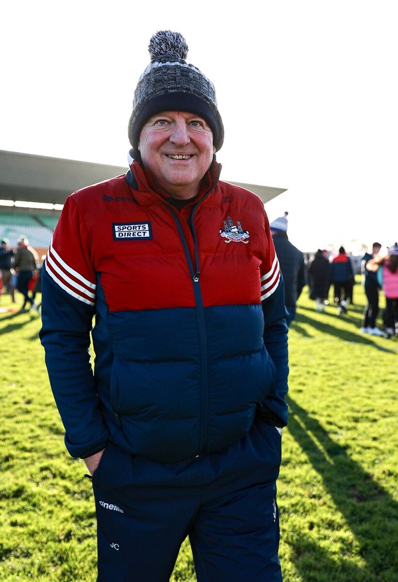 Cork manager John Cleary leaves the pitch after his side's victory. Pic: Thomas Flinkow/Sportsfile