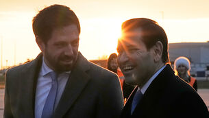 US secretary of state Marco Rubio with Hungary’s deputy foreign minister Levente Magyar, left (Alex Brandon, Pool/AP)