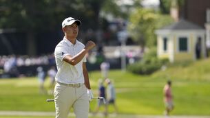 <p>DROUGHT OVER: Collin Morikawa reacts to his shot. Pic: AP Photo/Charlie Riedel.</p>