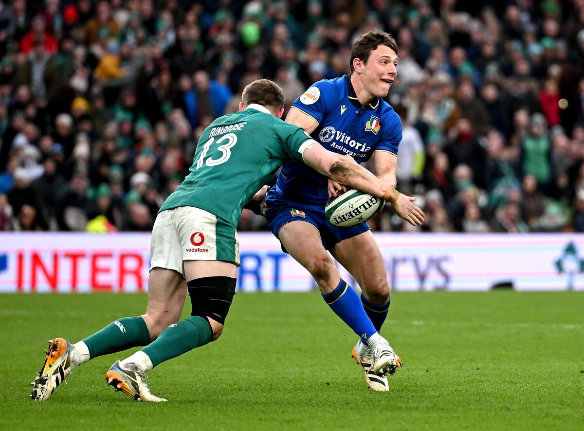 Paolo Garbisi and Garry Ringrose come together during the tight Six Nations clash between Ireland an Italy on Saturday. Pic: Brendan Moran/Sportsfile