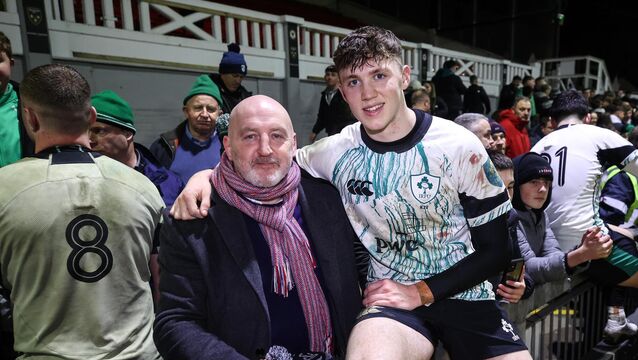 <p>Tom Wood with his father Keith Wood after an U20 Six Nations game against Wales in 2025. Pic: Ben Brady/Inpho</p>