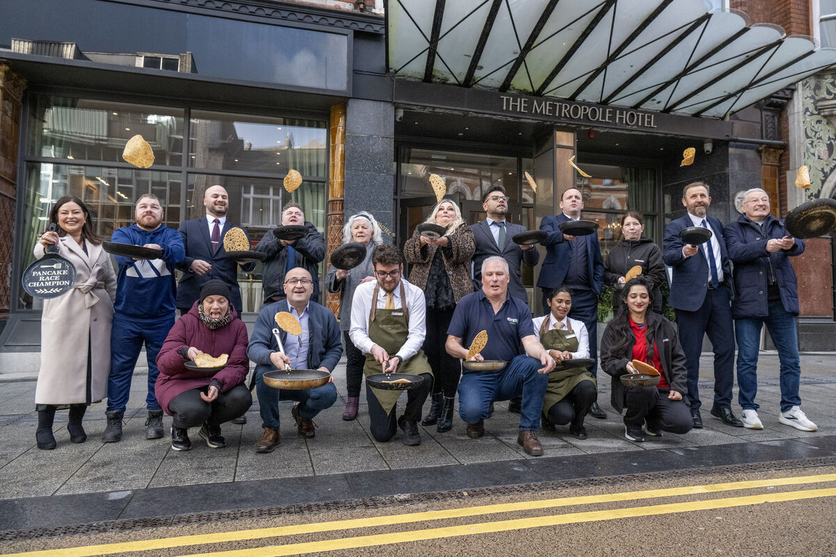 Traders from the VQ area of Cork City gathered at the Metropole Hotel’s annual pancake race Picture: Brian Lougheed Traders from the VQ area of Cork City gathered at the Metropole Hotel’s annual pancake race Picture: Brian Lougheed