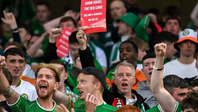 <p>Republic of Ireland supporters protest against Israel during the FIFA World Cup 2026 qualifier against Hungary last September at the Aviva Stadium. File picture: Stephen McCarthy/Sportsfile</p>