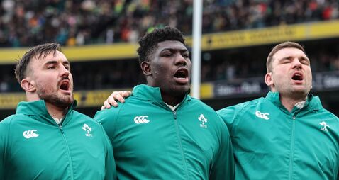 Ronan Kelleher, Edwin Edogbo and Tadhg Beirne during the national anthems 14/2/2026