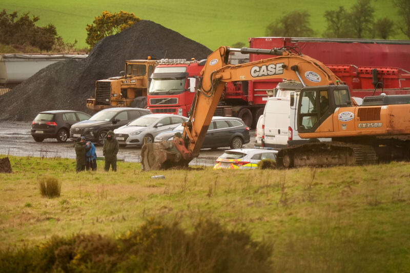 Gardaí oversee a digger excavating at the scene of a search in Co Wicklow in connection with the murders of Jo Jo Dullard and Deirdre Jacob who went missing in the 1990s. Picture: Niall Carson/PA