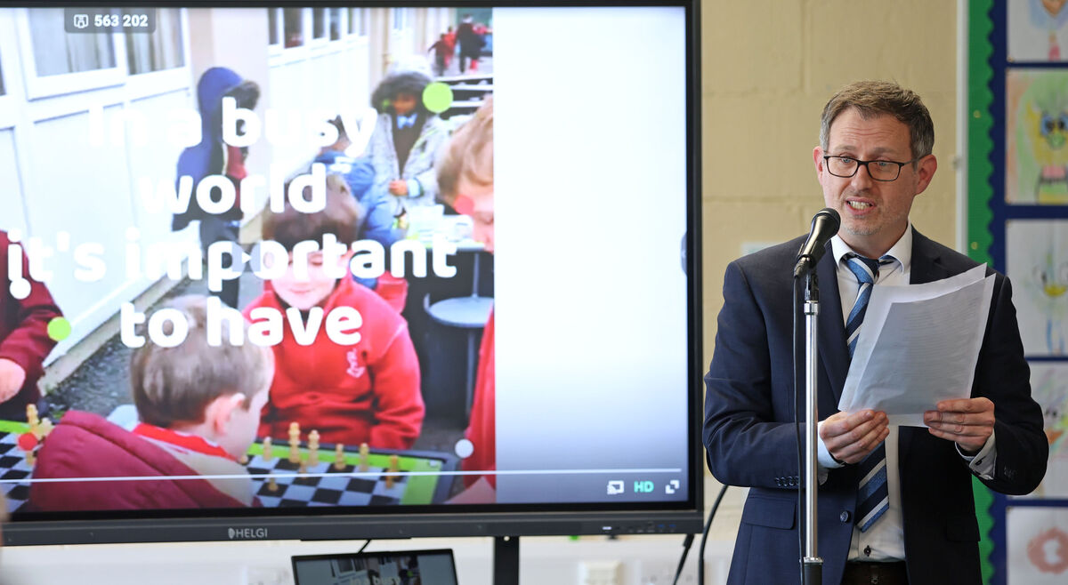 Scoil Eoin principal William Casey speaking at the opening of the new sensory rooms funded by parents at Scoil Eoin, Ballincollig, Cork. Picture: Jim Coughlan