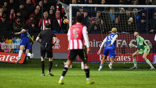 <p>Macclesfield's Sam Heathcote scores an own goal during the FA Cup fourth round match against Brentford. Pic: Martin Rickett/PA Wire.</p>