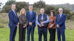 <p>From left: Tirlán head of grains Michael Ryan; Tirlán grains quality operations manager Mariea O’Toole; Tirlán chairperson John Murphy; award-winning growers Bobby and Denise Miller from Rathmore, Stradbally, Co Laois; and Tirlán chief executive Seán Molloy. Pictures: Finbarr O'Rourke </p>