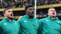 Ronan Kelleher, Edwin Edogbo and Tadhg Beirne during the national anthems 14/2/2026