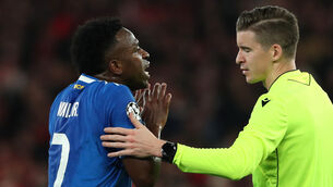 <p>Real Madrid’s Vinicius Junior appeals to referee Francois Letexier (Pedro Rocha/AP)</p>