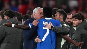 <p>Real Madrid’s Vinicius Junior argues with Benfica head coach Jose Mourinho. Pic: Pedro Rocha/AP</p>