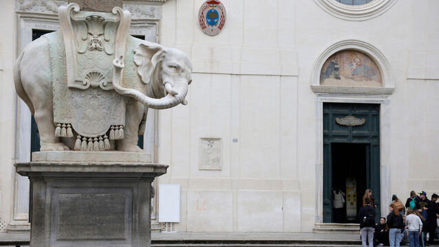 The Elephant and Obelisk monument in Rome, designed by Baroque sculptor Gian Lorenzo Bernini, without the tip of the left tusk (Cecilia Fabiano/Lapresse via AP)