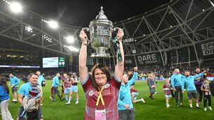 <p>Drogheda United chairperson Joanna Byrne celebrates with the FAI Cup. Pic: Stephen McCarthy/Sportsfile</p>