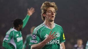 <p>Newcastle's Anthony Gordon celebrates after scoring his fourth goal. Pic: AP Photo.</p>