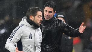 <p>Arsenal technical coach Nicolas Jover and Arsenal manager Mikel Arteta. Pic: Jacob King/PA Wire.</p>
