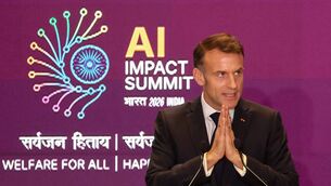 <p>France president Emmanuel Macron gestures during a speech at the AI Impact Summit in New Delhi on Thursday. Picture: Ludovic Marin/Getty Images</p>
