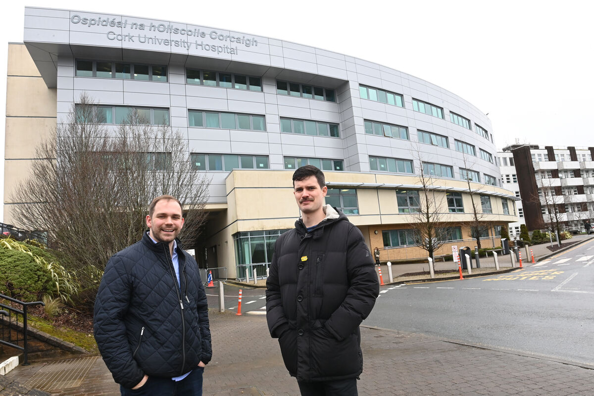 Cian O’Donnell and Killian Down during their recent visit to Cork University Hospital. Picture: Larry Cummins