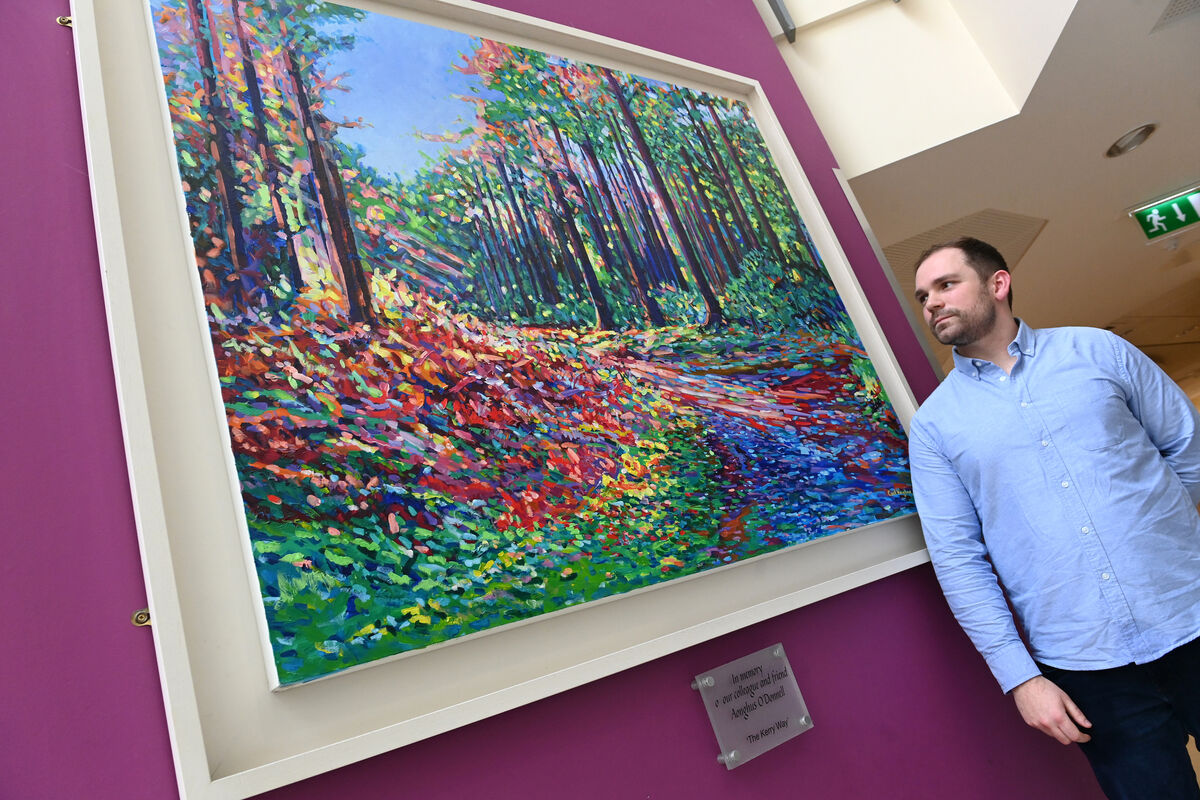 Cian O'Donnell standing beside 'The Kerry Way' painting by Dr Carl Vaughan, dedicated in memory of his father Aonghus, hanging at Cork University Hospital Picture: Larry Cummins