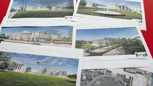 Artist renderings and diagrams of the new White House East Wing and Ballroom (Jon Elswick/AP)
