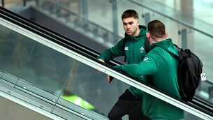 <p>STAIRWAY TO HEAVEN: Ireland's Jack Crowley Tadhg Furlong at Dublin Airport prior to their departure to London for the Six Nations match against England. Pic: Brendan Moran/Sportsfile</p>