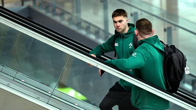 <p>STAIRWAY TO HEAVEN: Ireland's Jack Crowley Tadhg Furlong at Dublin Airport prior to their departure to London for the Six Nations match against England. Pic: Brendan Moran/Sportsfile</p>