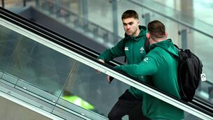 <p>STAIRWAY TO HEAVEN: Ireland's Jack Crowley Tadhg Furlong at Dublin Airport prior to their departure to London for the Six Nations match against England. Pic: Brendan Moran/Sportsfile</p>