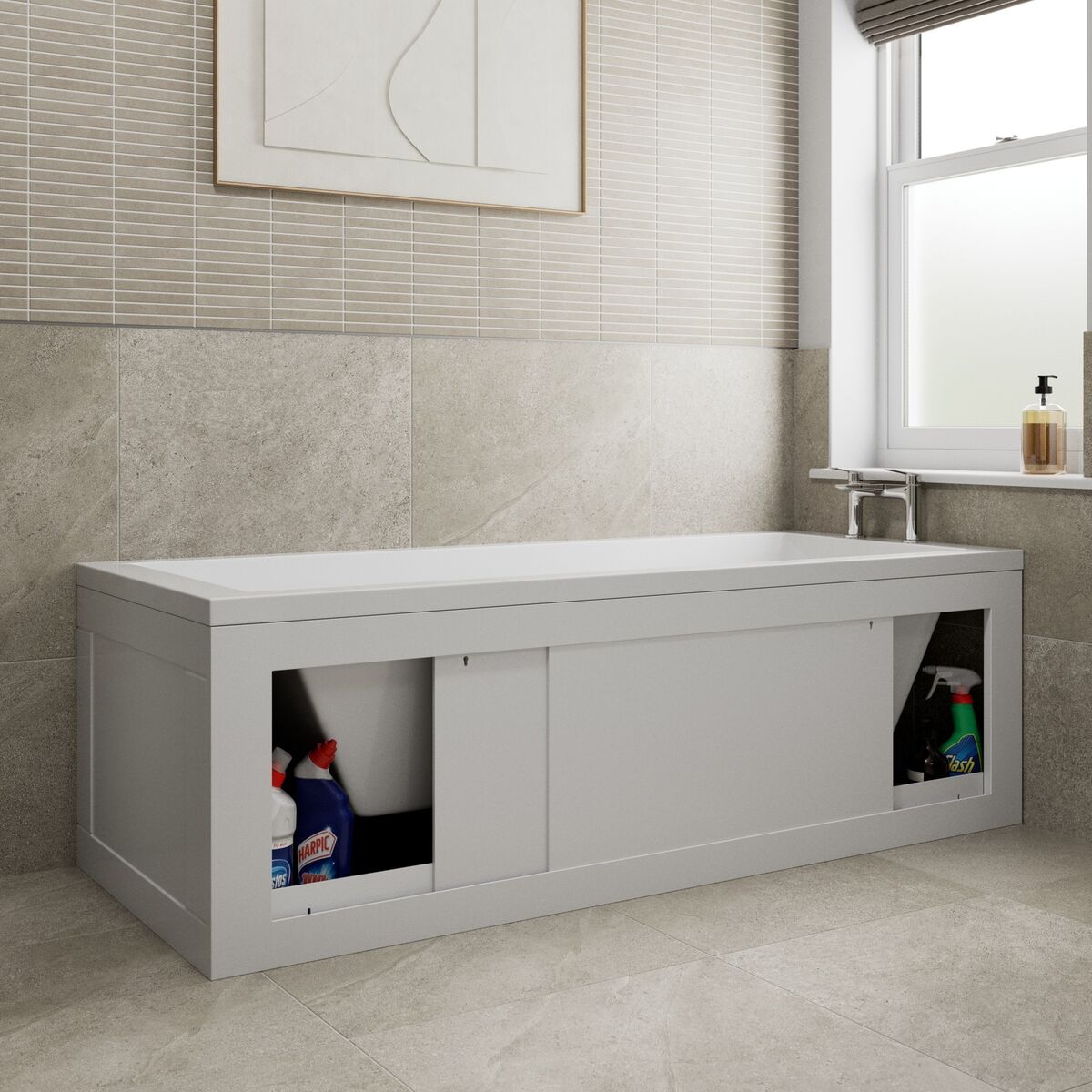 Use the skills of your installer to make the base of a typical bath work that bit harder. This Affine sliding door is lockable, perfect for bathroom cleaning supplies. B&Q (NI only) or eBay, €180, 1700mm. Use the skills of your installer to make the base of a typical bath work that bit harder. This Affine sliding door is lockable, perfect for bathroom cleaning supplies. B&Q (NI only) or eBay, €180, 1700mm.