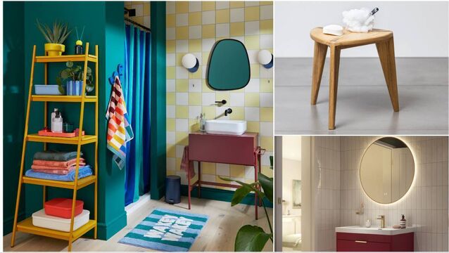 <p>Left, furniture and accessories by Dunhelm, top right, three-legged shower stool in acacia, €219, Medaworkshop, Etsy; reed vanity in Ruby Fern by Sonas, from €876.</p>