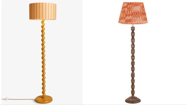 <p>Left, twisted yellow floor lamp, Next, and right, wooden floor lamp, Oriana B. </p>