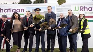 <p>Michael Looney, Cathaoirleach of Macroom Municipal District; senator Nicole Ryan; TD Aindrias Moynihan Garda commissioner Justin Kelly; justice minister Jim O’Callaghan; OPW minister Kevin 'Boxer' Moran; TD John Paul O’Shea; and Sarah Woods, assistant principal architect with the Office of the State Architect turning the sod in Macroom.</p>