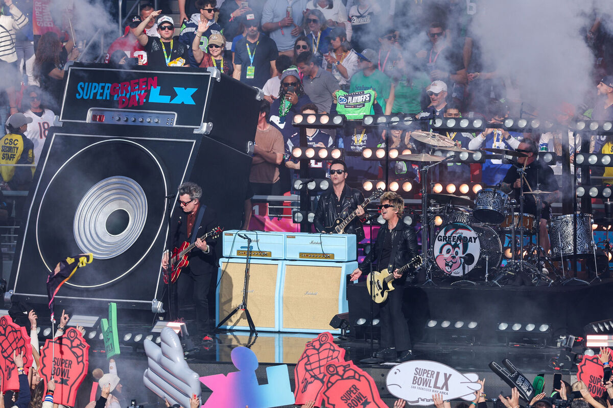'Green Day played three songs fuelled by anger at the damage done by American conservative politics during their short pre-Super Bowl set.' Picture: Kindell Buchanan/PA 'Green Day played three songs fuelled by anger at the damage done by American conservative politics during their short pre-Super Bowl set.' Picture: Kindell Buchanan/PA