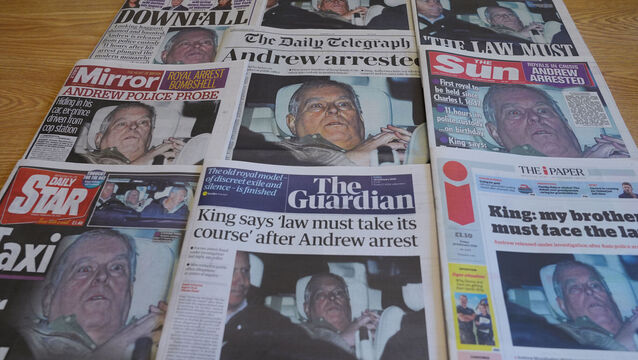 <p>The front pages of national newspapers on display in London showing Andrew Mountbatten-Windsor leaving Aylsham Police Station after he was released from custody on Thursday following his arrest on suspicion of misconduct in public office. Picture: Yui Mok/PA Wire</p>