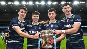 <p>UL players, from left, Cathal O’Neill, Adam English, Aidan O’Connor and Colin Coughlan pose with the Fitzgibbon Cup. Pic: Sam Barnes/Sportsfile</p>
