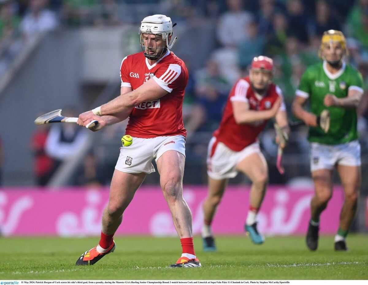 Patrick Horgan scores a crucial penalty for Cork during the 2024 Munster SHC against Limerick. Pic: Stephen McCarthy/Sportsfile