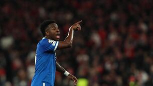 <p>Real Madrid's Vinicius Junior after scoring the opening goal in the Champions League playoff against SL Benfica. Pic: AP Photo/Pedro Rocha</p>