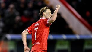 <p>Harry Wood of Shelbourne celebrates after scoring his side's equaliser. Pic: Sam Barnes/Sportsfile</p>