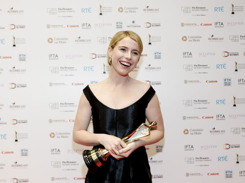 Jessie Buckley with her Ifta award for Lead Actress for her performance in Hamnet. Picture: Andres Poveda Jessie Buckley with her Ifta award for Lead Actress for her performance in Hamnet. Picture: Andres Poveda