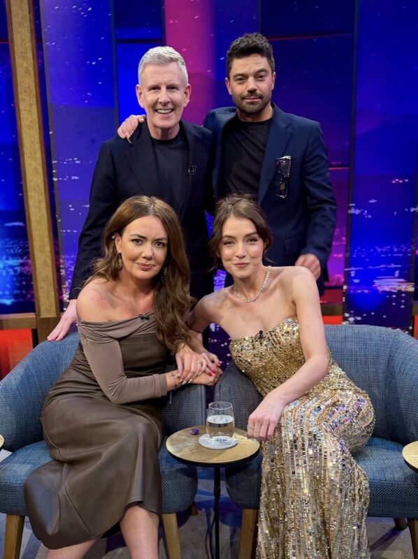 Late Late Show host Patrick Kielty with Dominic Cooper, Sarah Bolger, and Serena Terry