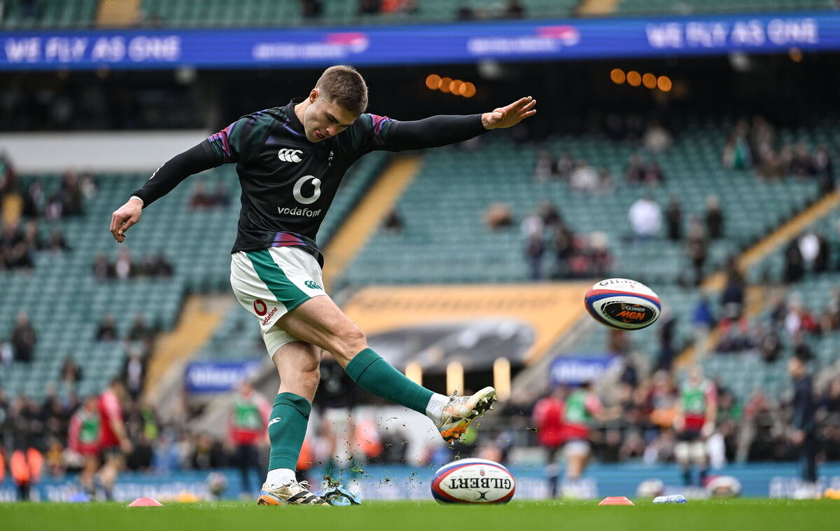 Ireland's Jack Crowley practises his kicking before the Six Nations game against England at Allianz Stadium. Pic: Brendan Moran/Sportsfile Ireland's Jack Crowley practises his kicking before the Six Nations game against England at Allianz Stadium. Pic: Brendan Moran/Sportsfile