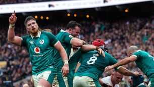 <p>SOME SHOW JOE: Ireland's Joe McCarthy celebrates after Tadhg Beirne wins a penalty against England at Allianz Stadium</p>