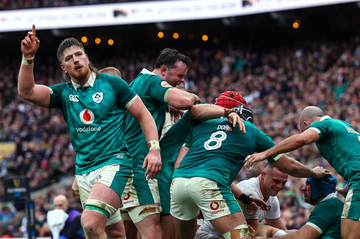 SOME SHOW JOE: Ireland's Joe McCarthy celebrates after Tadhg Beirne wins a penalty against England at Allianz Stadium SOME SHOW JOE: Ireland's Joe McCarthy celebrates after Tadhg Beirne wins a penalty against England at Allianz Stadium