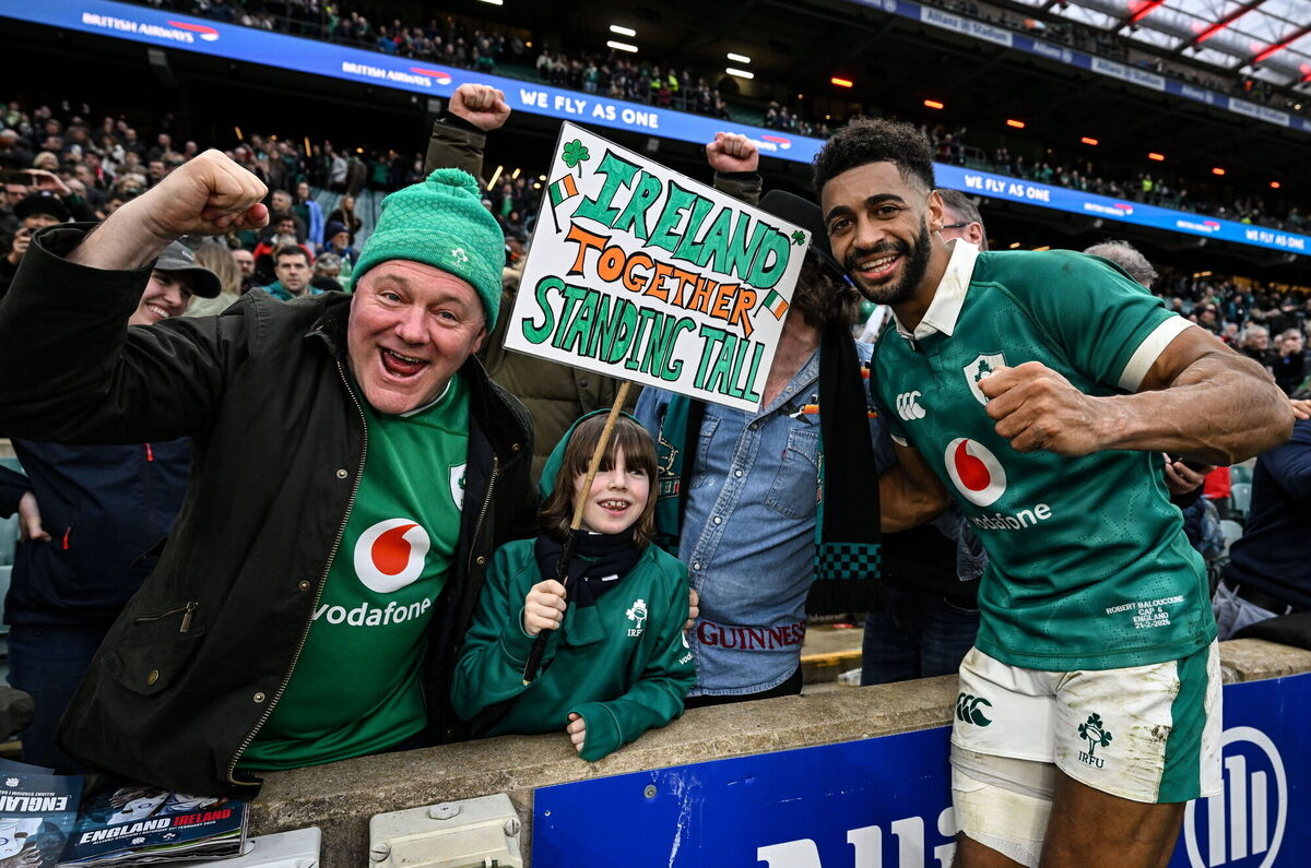 LONDON MAULING: Ireland's Robert Baloucoune celebrates with supporters after the defeat of England at the Allianz Stadium in Twickenham. Pic: Brendan Moran/Sportsfile