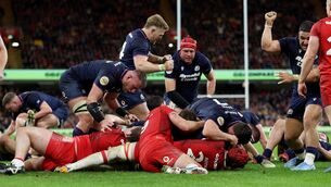 <p>BONUS BOY: Scotland's players celebrate as George Turner (obscured) scores his sides fourth try during the Guinness Men's Six Nations match at the Principality Stadium, Cardiff. Picture date: Saturday February 21, 2026. PA Photo. Photo credit should read: Nigel French/PA Wire</p>