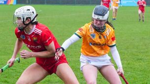 <p>SHOCK: Cork's Niamh McNabola breaks away from Amy Boyle of Antrim. Pic: Noel Sweeney.</p>
