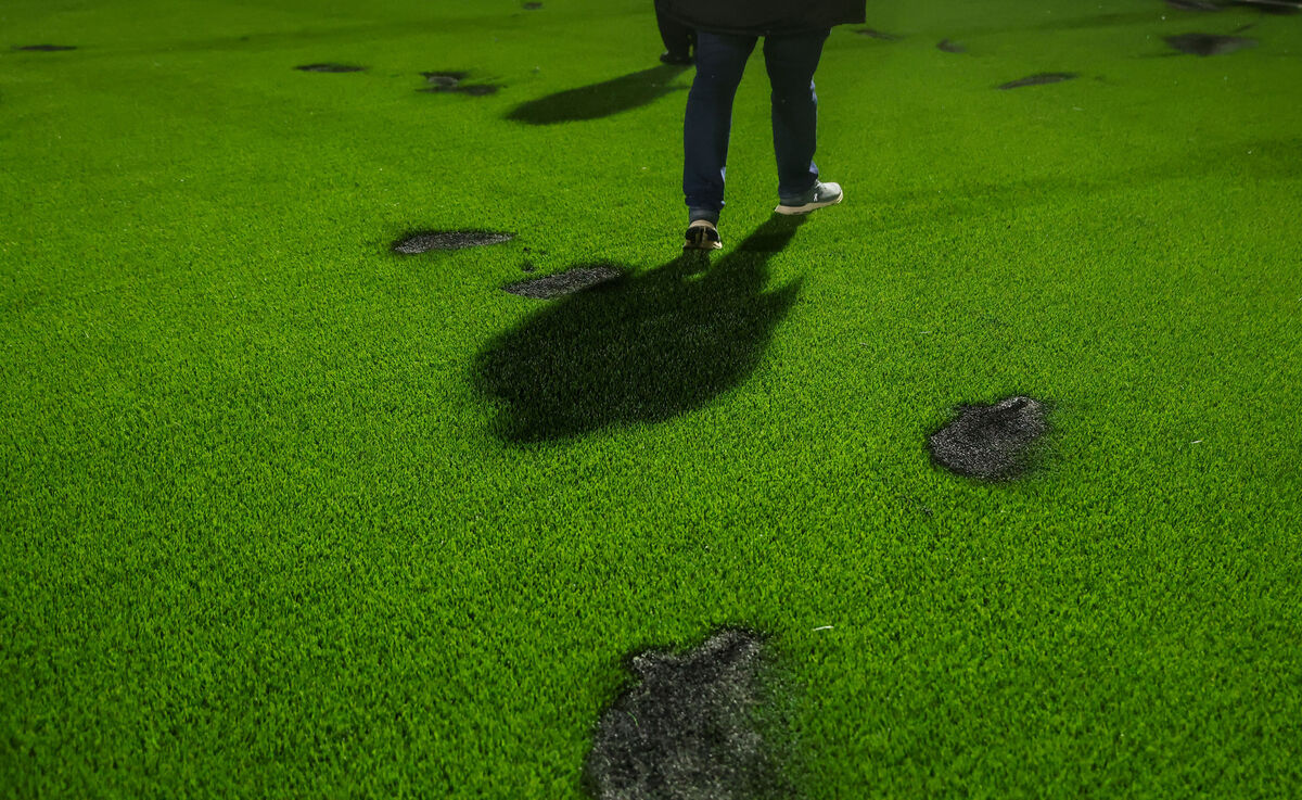 A view of the pitch after the game after flares from Drogheda fans burnt the pitch. Pic: ©INPHO/Nick Elliott